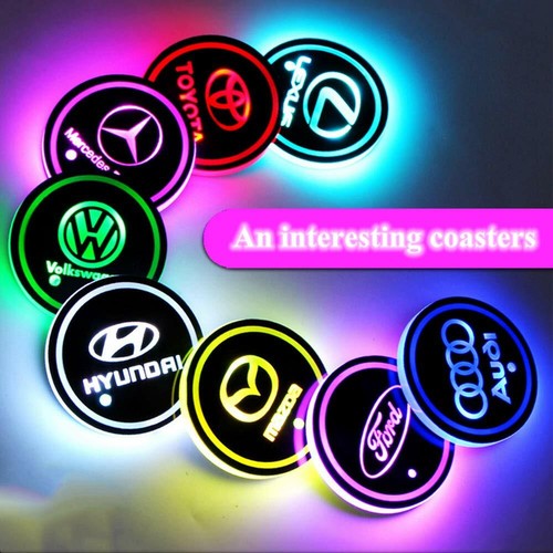 2PCS LED Car Cup Holder Lights Pad Mat for Audi Sline Atmosphere Lamp 7 Colors