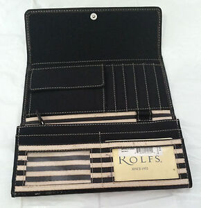Rolfs Ladies Clutch Wallet Checkbook Organizer Faux Leather Black Beige Stripes | eBay
