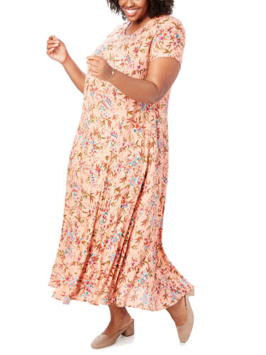 New Woman Within Crinkle Maxi Dress Peach Floral Manches Courtes Taille 14//16-34//36