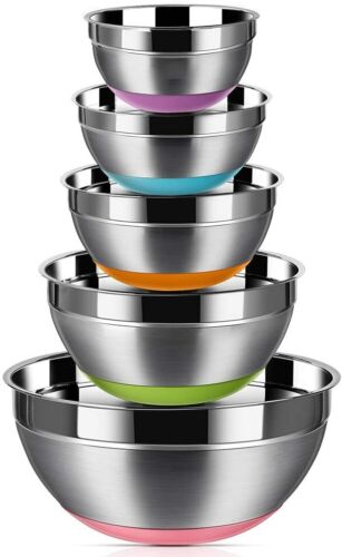 Stainless Steel Mixing Bowls Set of 5 Non Slip Colorful Silicone Bottom 