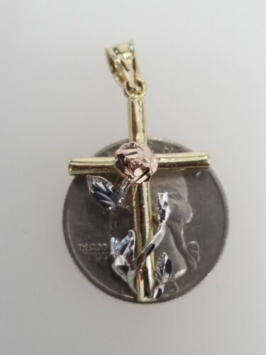 Details about  / Real 14K Tri Tone Gold Religious Orthodox Tube Jesus Cross Flower Pendant Charm