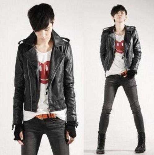 Mens Faux Leather Jacket Korean Punk Outwear Coat Biker Slim Fit Nightclub Tops