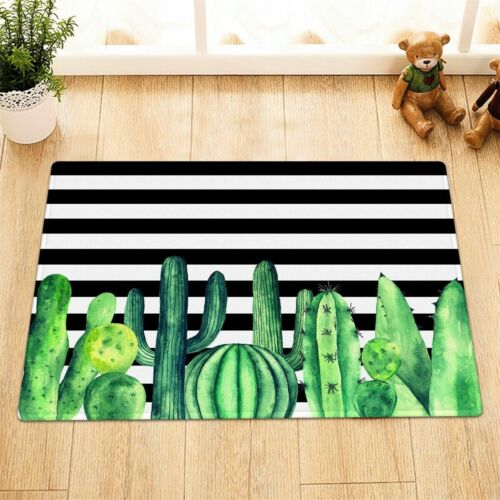 Black White Striped Green Cactus Floor Rug Non-skid Door Bath Mat Decor Carpet
