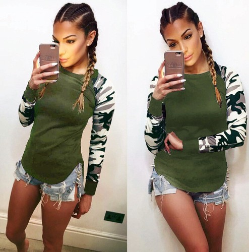 UK Womens Blouse Camo Asymmetric Pullover Tops Tee Long Sleeve Ladies T Shirt