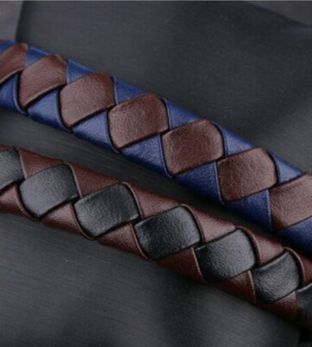 Mens Stainless Steel Braided 2 Tone Genuine Leather Bangle Bracelet Box BR463