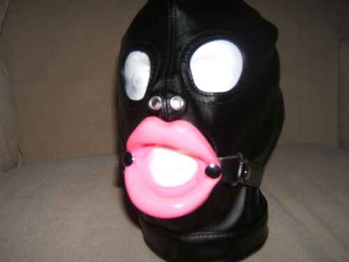Gimp mask Leather SizeM with Sissy Lips in Red Black Pink and leather strap