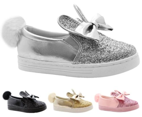 New Kids Girls Bunny Rabbit Ears Sparkle Pom Pom Slip On Bow Detail Shoes