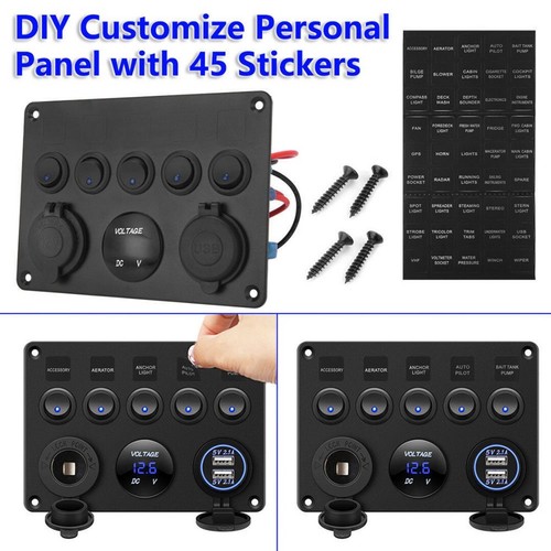 5 Gang 12V//24V Car Boat Truck LED Switch Light Control Panel Dual USB Charger*