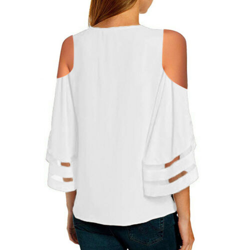 Women V Neck Cold Shoulder Mesh Panel Blouse 3/4 Bell Sleeve Loose Tops T-Shirt 
