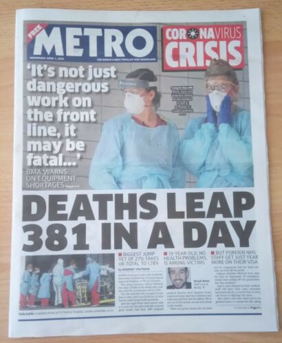 Spurs UK Virus Deaths Leap 381 In A Day Metro Newspaper 1st April 2020 