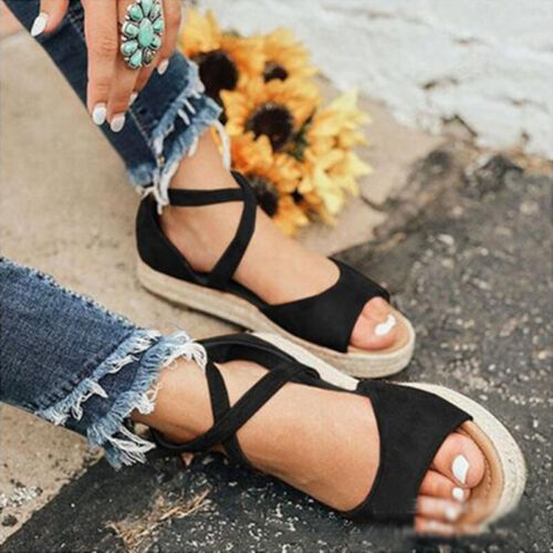 Women Flat Espadrille Ankle Strap Summer Sandals Casual Wedge Peep Toe Shoe Size