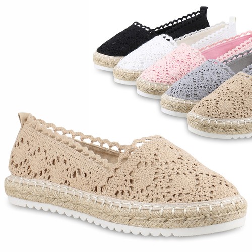 Damen Bast Slipper Spitzen Espadrilles Häkeloptik Profilsohle 816195 Trendy