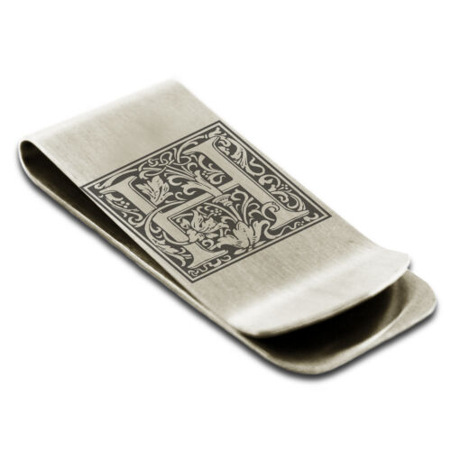 Stainless Steel Floral Box Monogram Slim Wallet Cash Card Holder Money Clip