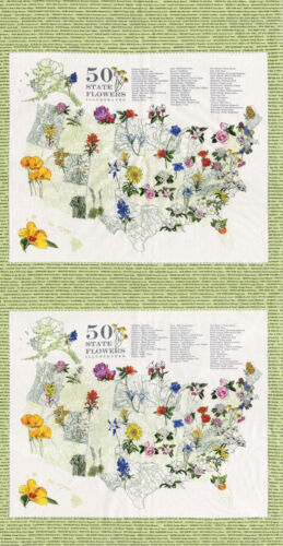 State Flowerscape USA Map of American flowers Sprig  By the panel 24x43in   Moda 