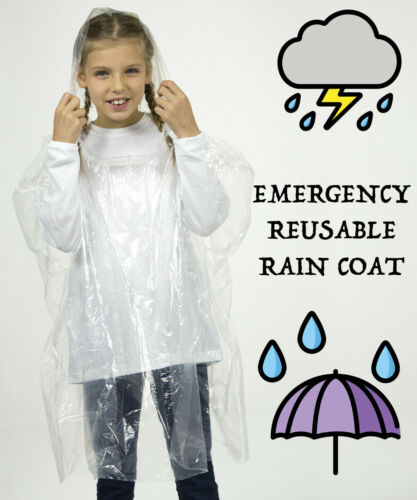Kids Emergency Hooded Plastic Poncho Rain Coat Festival Camping Holiday Reusable