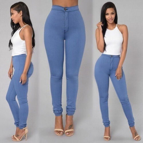 Womens Denim Jeans High Waisted Pencil Pants Stretch Slim Skinny Casual Trousers