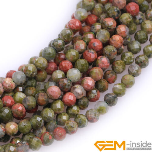 Natural Green Unakite Gemstone Faceted Loose Round Beads For Jewelry Making 15"