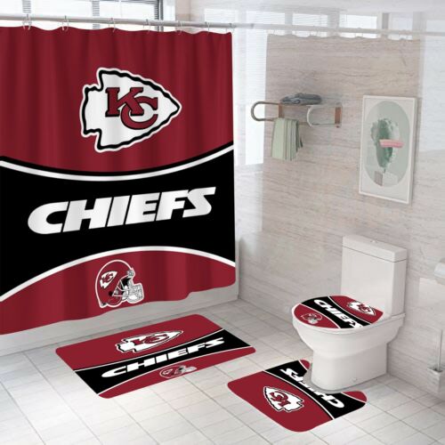 Kansas City Chiefs Bathroom Shower Curtain Non-Slip Toilet Cover Bath Mat 4PCS