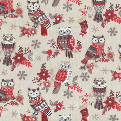 Textiles français The Festive Owls fabric Beige//Red