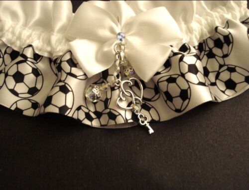 White Soccer 1 wedding bridal prom sport garter double heart key charm handmade 