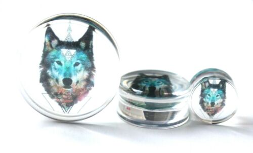 1x 8-30mm Wolf Head Logo Transparent Double Flare Boho Tunnel Ear plug Earring 
