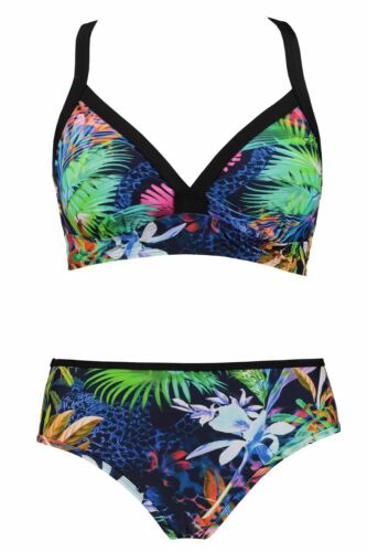 ULLA POPKEN Bikini tropisches Muster Spitzenrücken Softcups multicolor NEU
