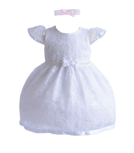 Girls Lace Christening Party Dress and Headband White Ivory 0 3 6 12 18 24 Month