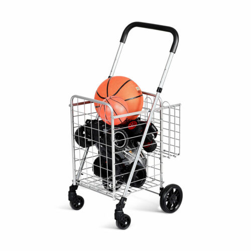 Foldable Outdoor Shopping Cart Dolly Basket Trolley Adjustable Handle Silver