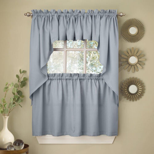 Valance & Swag Set Ribcord Kitchen Curtains Solid Opaque 36" Tier 