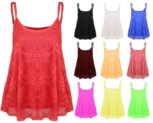 Women Floral Lace Summer Spaghetti Strap Ladies Swing Top T-Shirt Cami Vest 8-22