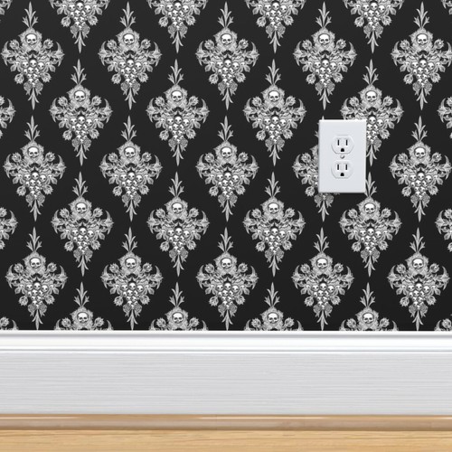 Removable Water-Activated Wallpaper Halloween Black White Gothic Victorian Skull