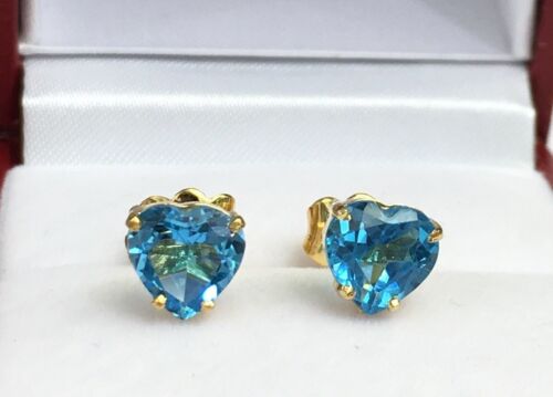 14k Solid Yellow Gold Solitair// One Stone Stud Earrings Heart Blue Topaz