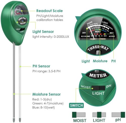 2PC 3-in-1 Soil Tester Meter For Garden Lawn Plant Moisture//Light//pH Sensor Tool