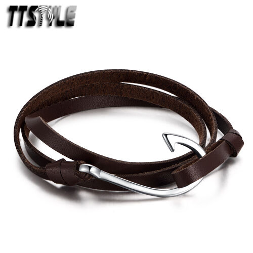 TTstyle Black Leather 316L Stainless Steel Greek Pattern Bracelet Wristband NEW