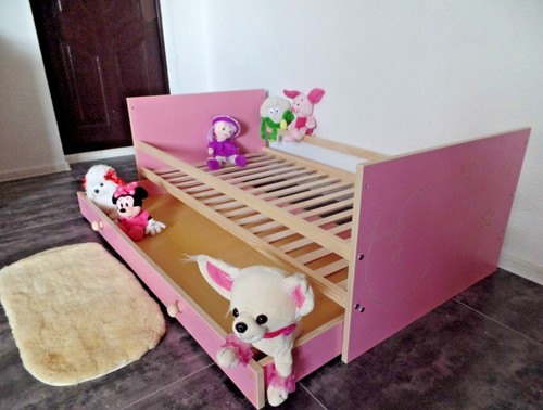 Babybett Gitterbett Kinderbett Set Komplett 70x140 UMBAUBAR Schublade rosa weiß