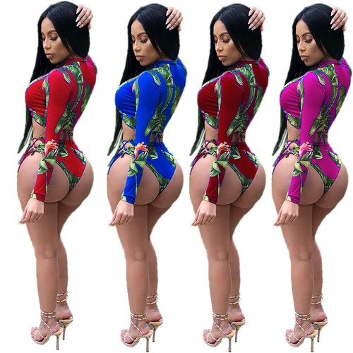 Women Long Sleeve Floral Print Bandage Summer Beach Swimsuits Bathing Suit 2pc