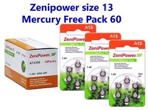 Zenipower size 13 Hearing Aid Batteries 60 count package