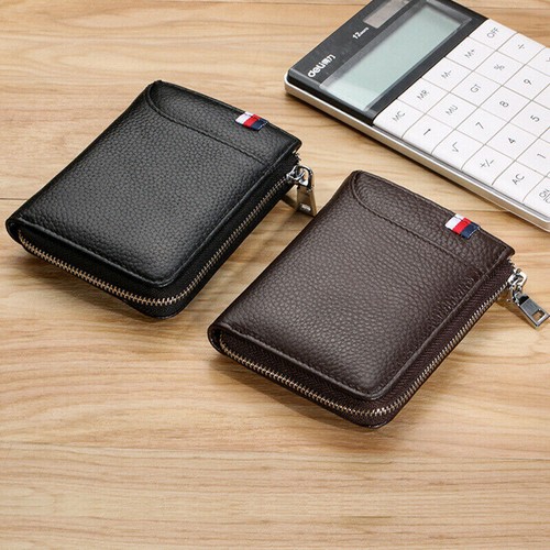Leather Men/'s Zipper Wallet RFID Blocking ID Card Holder Money Clip card holder