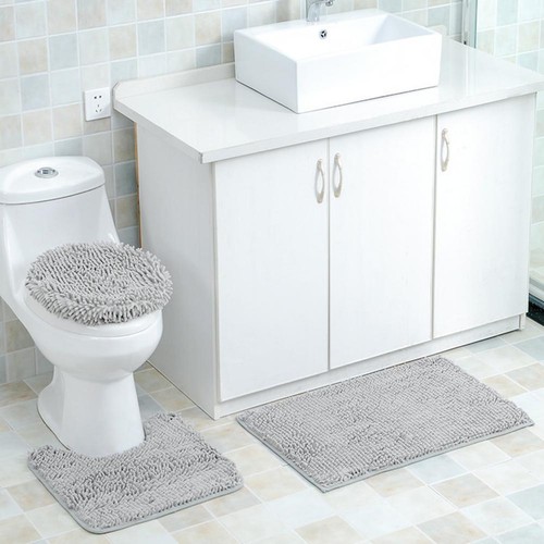 3pcs Bathroom Set Rug U Shape Mat Toilet Lid Cover Plan Chenille Bath Mats Decor