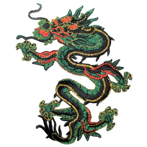 Iron on Strength Good Luck Badge 4.5" Green Dragon Applique Patch Power 