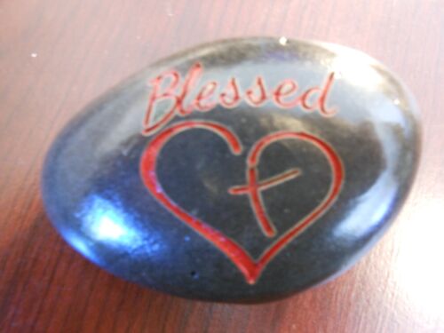 Red color filled Details about  / Laser Engraved River Rock Blessed with Cross in Heart