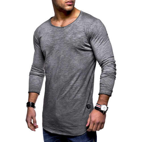 Men Crew Neck Muscle T Shirt Long Sleeve Slim Fit Gym Casual Tops Tee Pullover