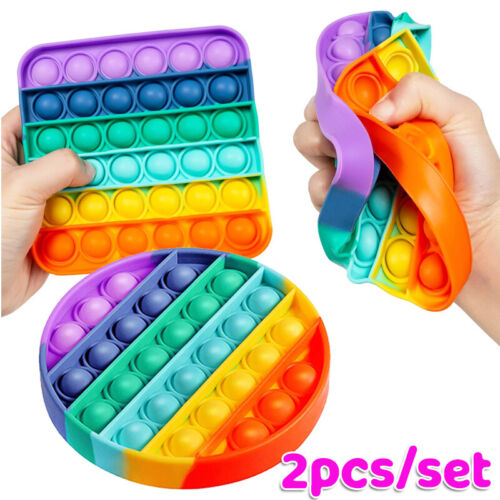 Details about  / 2pcs Rainbow Push Pop Bubble Sensory Fidget Toys Set Stress Relief Round Square
