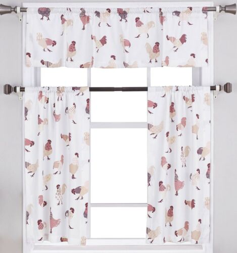 3pc Small Windows Curtains Set:2 Tiers 24"x36" 54"x14" ROOSTERS,MS & Valance 