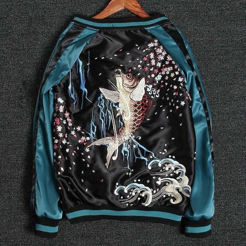 Men/'s Satin Embroidery REVERSIBLE Souvenir Flight Jacket Japanese Sukajan Coat