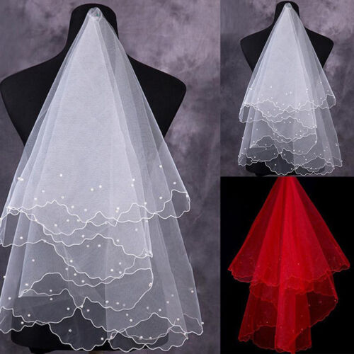 2018 WHITE/IVORY RED NEW Veil Wedding Bridal Accessories Veil 2 Layers Beaded 