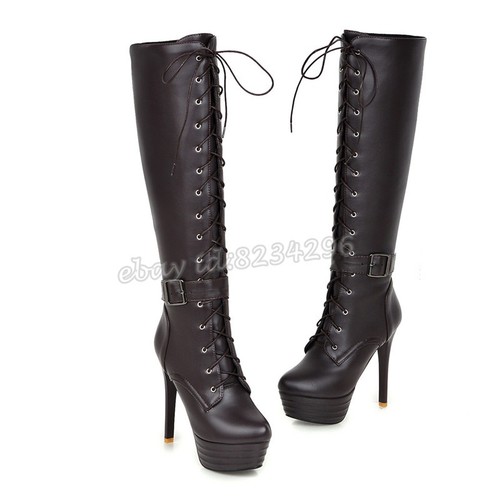 TOP Gr33-45 Kniehohe Stiefel Damen Boots Schnürschuhe High Heels Platform Schuhe