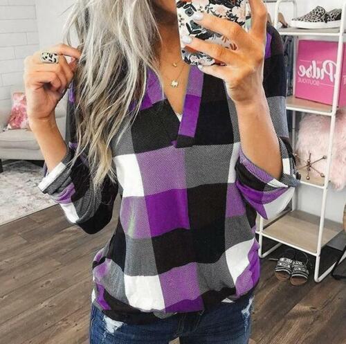 Womens Plaid Shirt V Neck Top Long Sleeves Blouse Casual Sweater Long Plus Size 