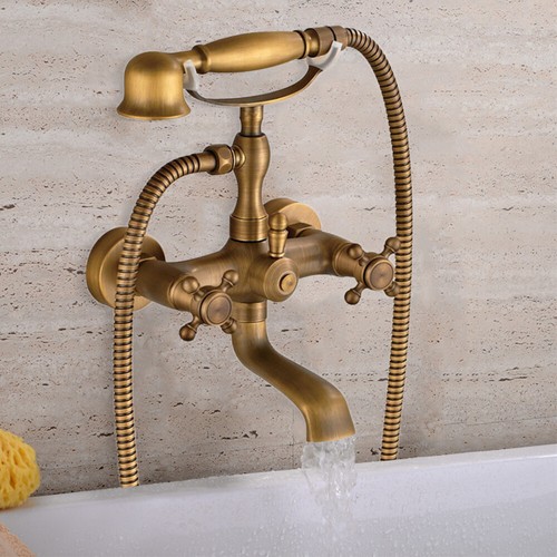 Antikes Gold Messing Badewanne Mischbatterie Wasserhahn Duschset mit Handbrause