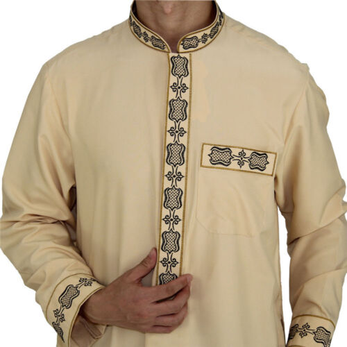 Muslim Men's Saudi Embroidery Thobe Kaftan Islamic Male Abaya Robe Dress Costume 